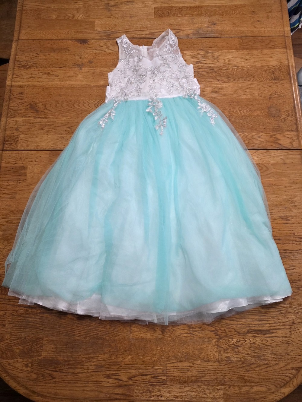 Chantilly Lace Silver Floral Embroidery with Sequin Turquoise Tulle Dress
